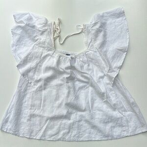 White w/ cream trim Old Navy‎ puff sleeve lightweight beach blouse linen blend M